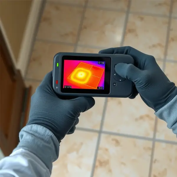 Thermal imaging camera showing a warm spot on a tile floor